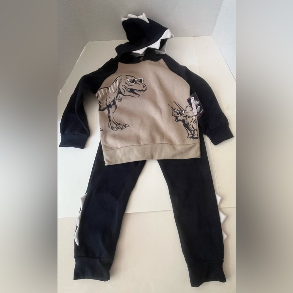 Free Planet Boys Sweatsuit Hooded Sweatshirt & Pants Dinosaur Print Blue/Tan NWT